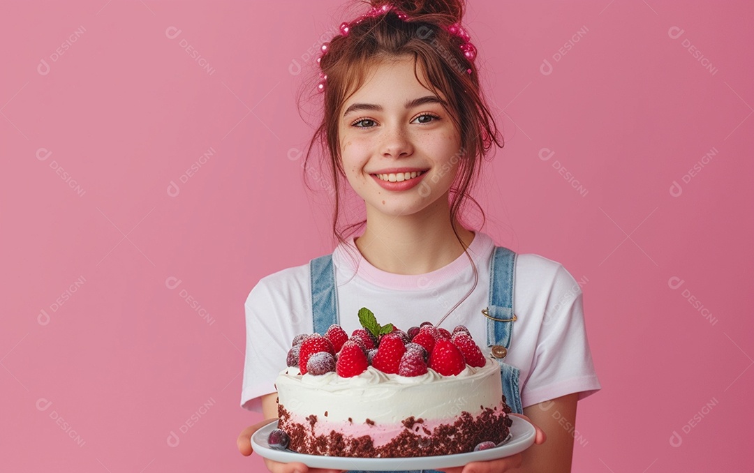 Menina com bolo mostrando sobremesa em fundo de cor sólida