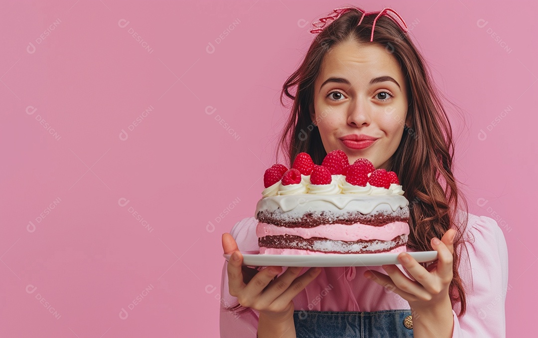 Menina com bolo mostrando sobremesa em fundo de cor sólida