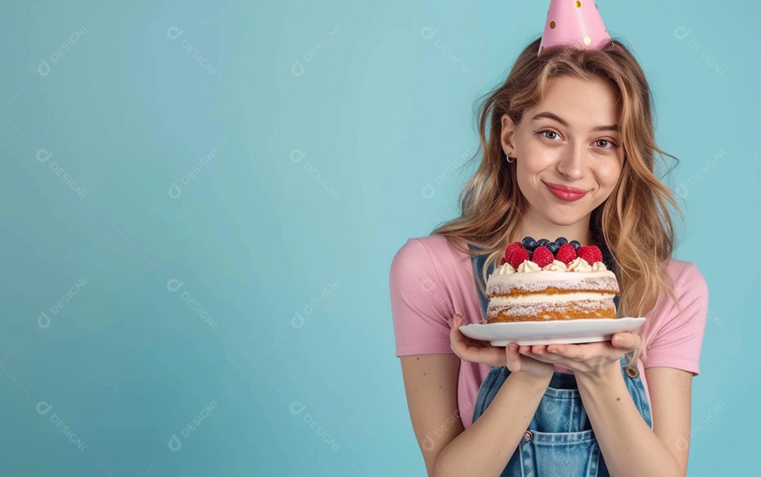 Menina com bolo mostrando sobremesa em fundo de cor sólida