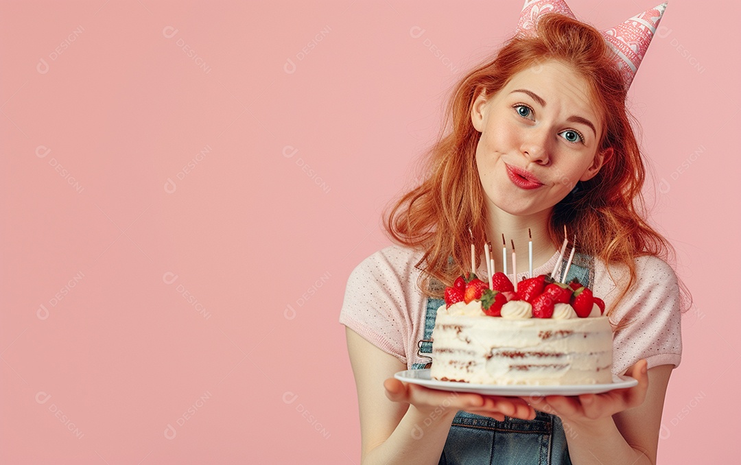 Menina com bolo mostrando sobremesa em fundo de cor sólida