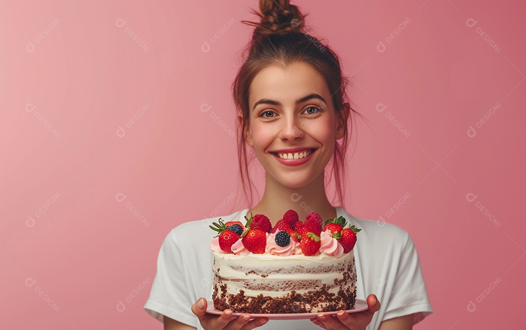 Menina com bolo mostrando sobremesa em fundo de cor sólida