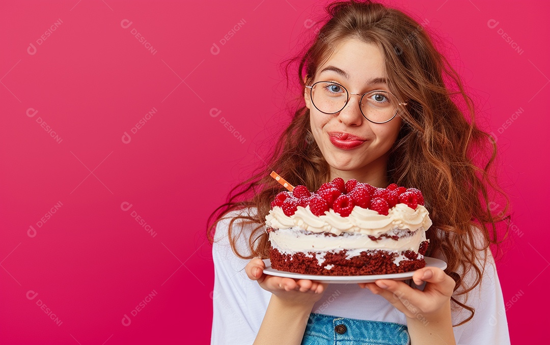 Menina com bolo mostrando sobremesa em fundo de cor sólida