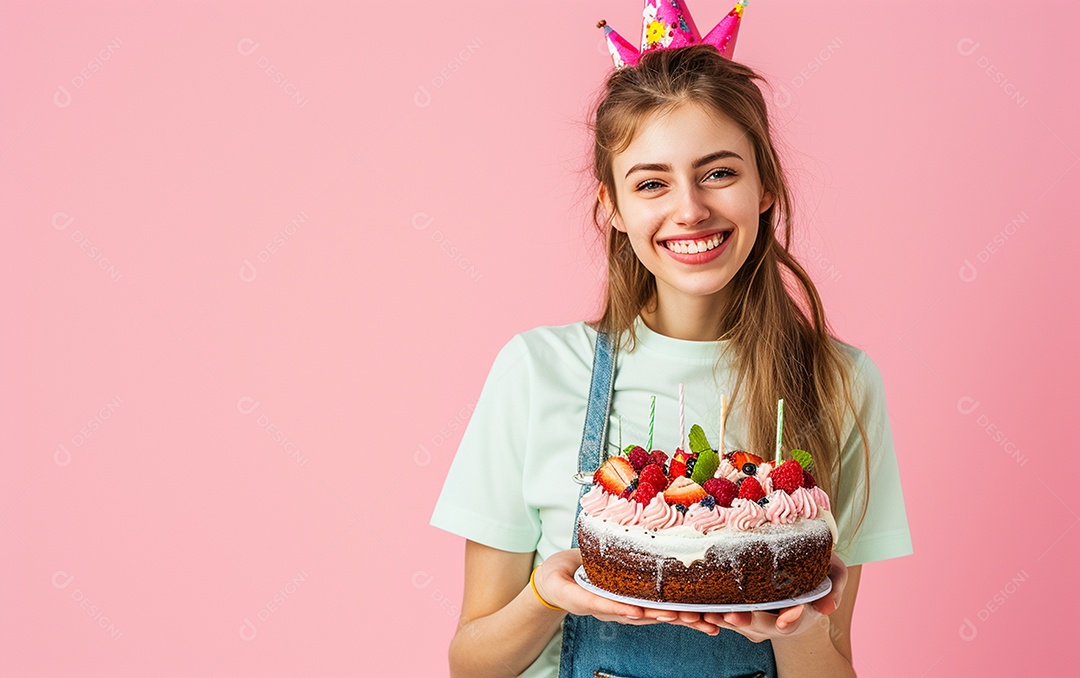 Menina com bolo mostrando sobremesa em fundo de cor sólida