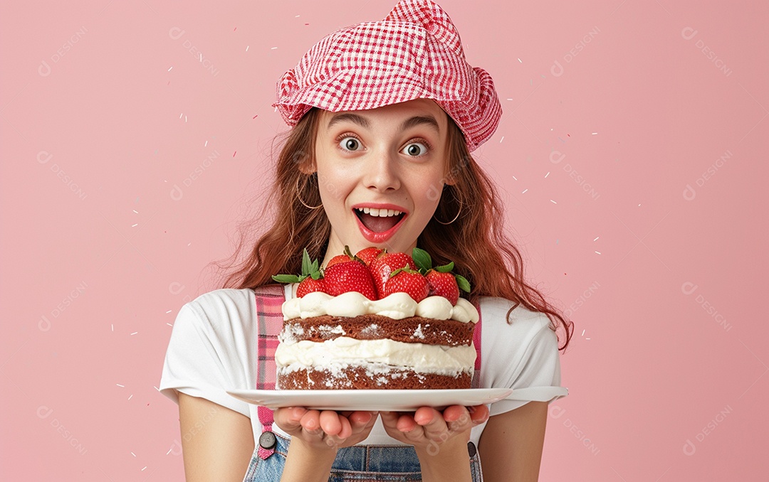 Menina com bolo mostrando sobremesa em fundo de cor sólida