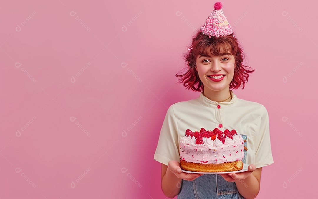 Menina com bolo mostrando sobremesa em fundo de cor sólida