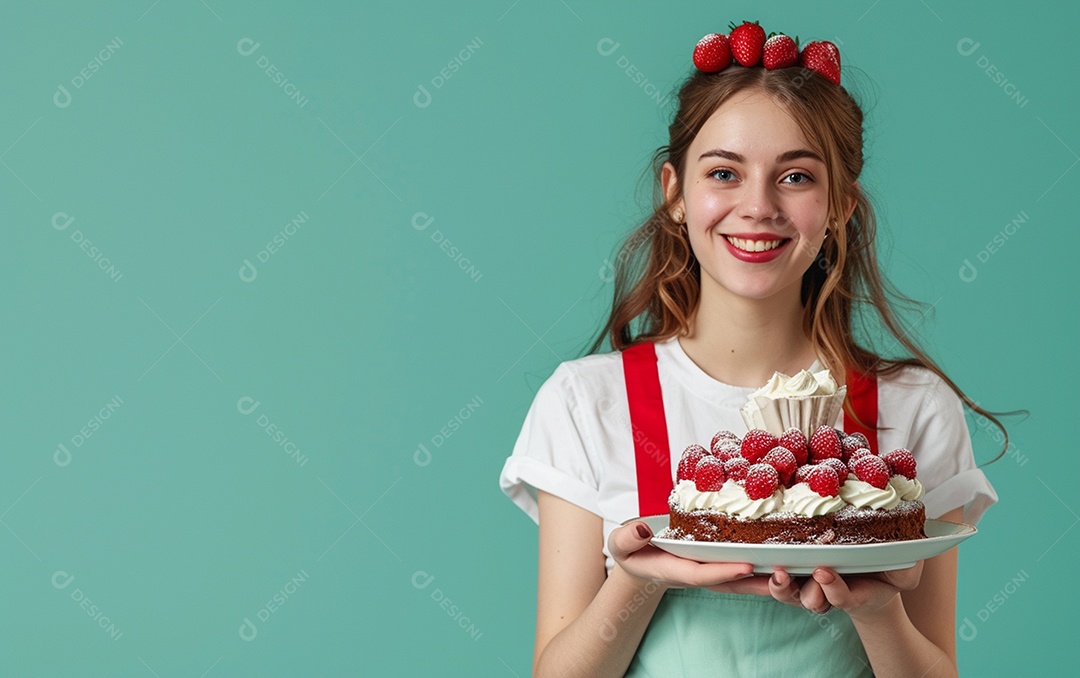 Menina com bolo mostrando sobremesa em fundo de cor sólida