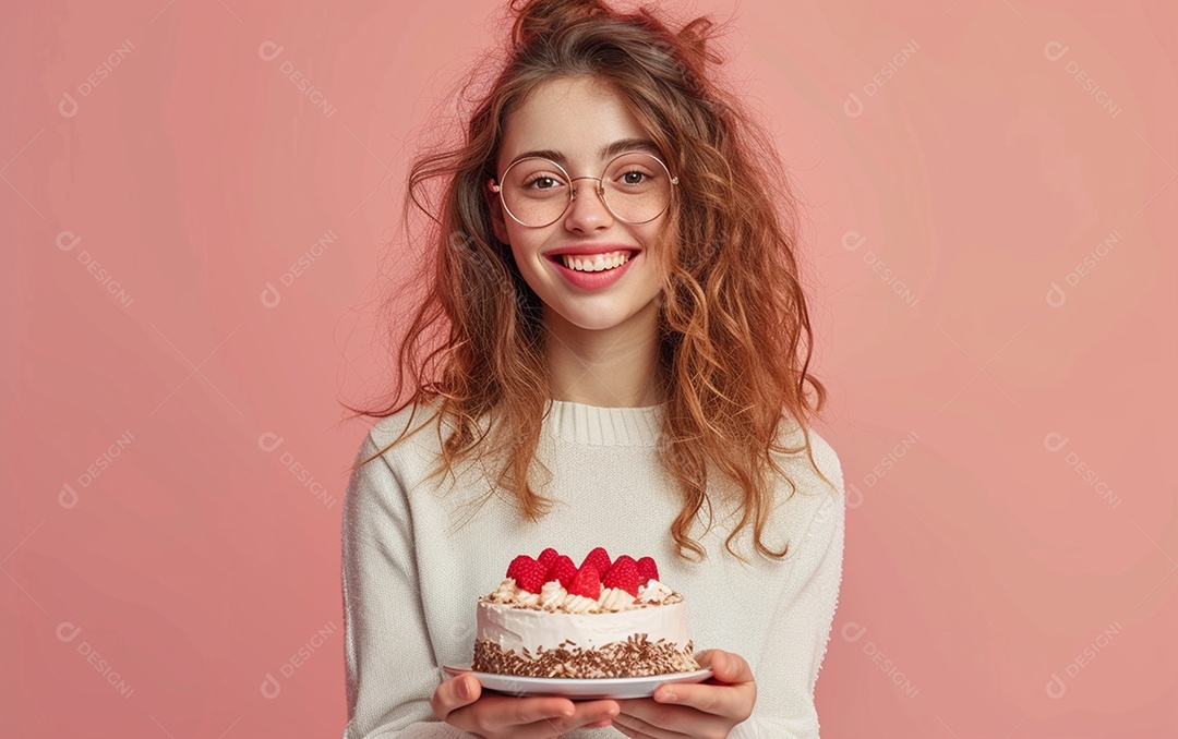 Menina com bolo mostrando sobremesa em fundo de cor sólida