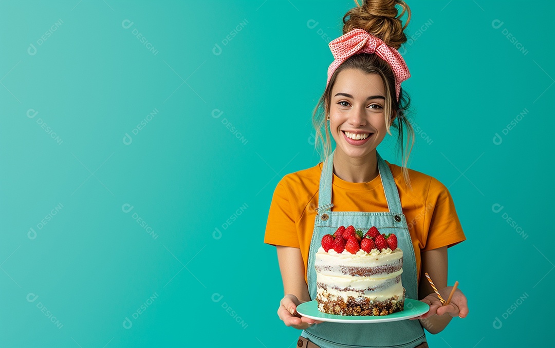 Menina com bolo mostrando sobremesa em fundo de cor sólida