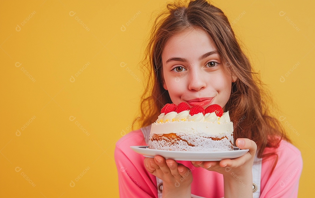 Menina com bolo mostrando sobremesa em fundo de cor sólida