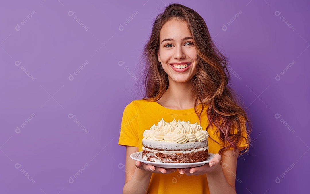 Menina com bolo mostrando sobremesa em fundo de cor sólida