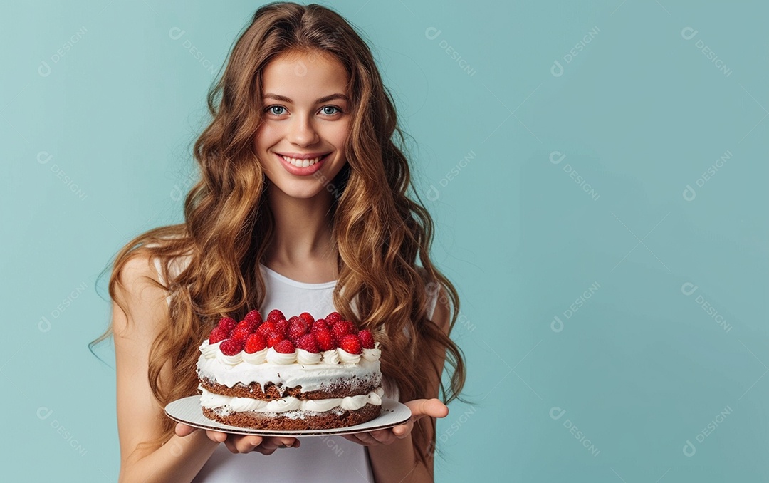 Menina com bolo mostrando sobremesa em fundo de cor sólida