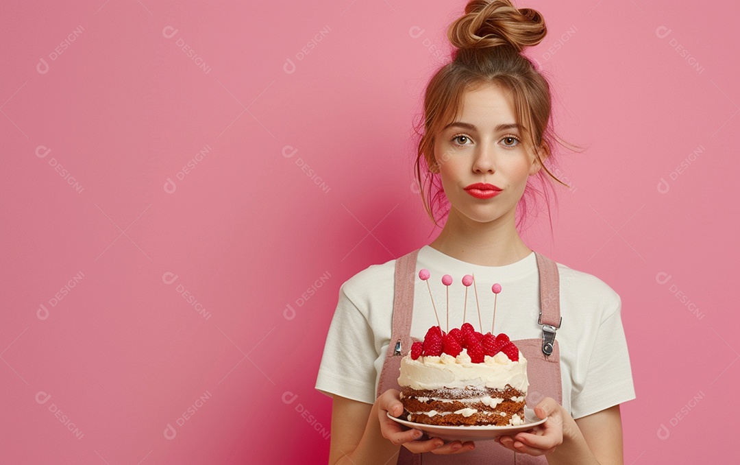 Menina com bolo mostrando sobremesa em fundo de cor sólida