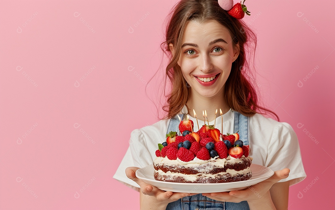 Menina com bolo mostrando sobremesa em fundo de cor sólida