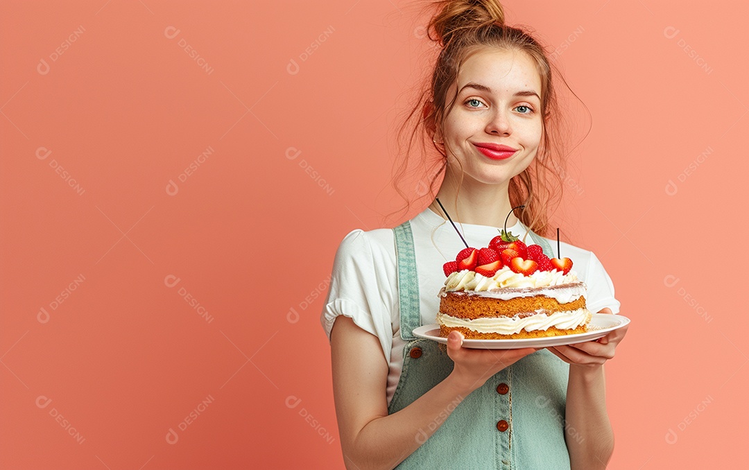 Menina com bolo mostrando sobremesa em fundo de cor sólida