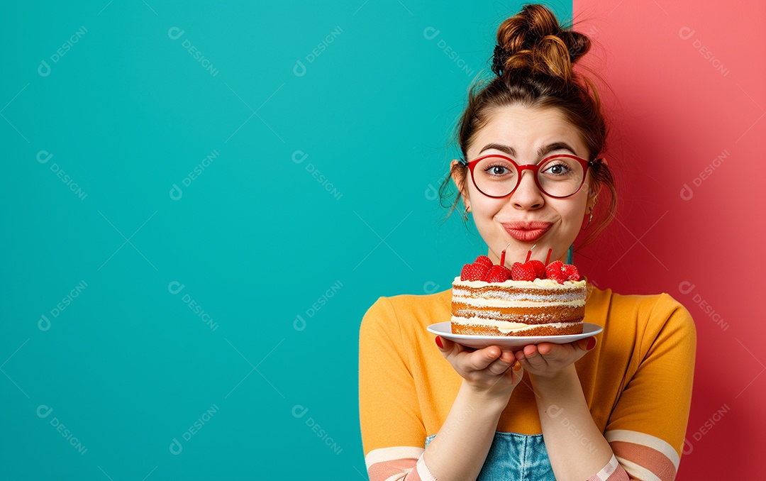 Menina com bolo mostrando sobremesa em fundo de cor sólida