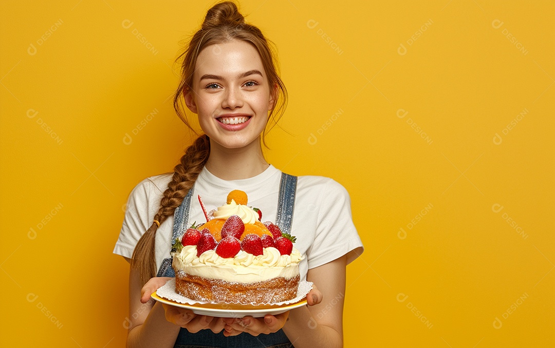 Menina com bolo mostrando sobremesa em fundo de cor sólida