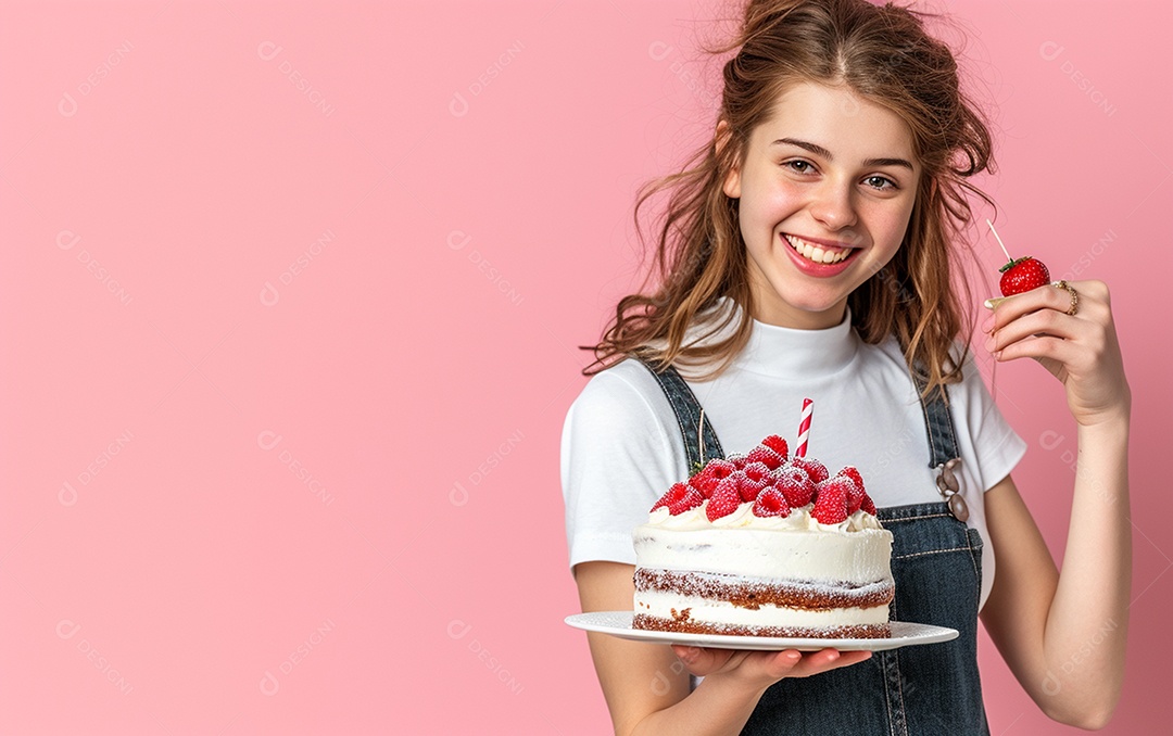 Menina com bolo mostrando sobremesa em fundo de cor sólida