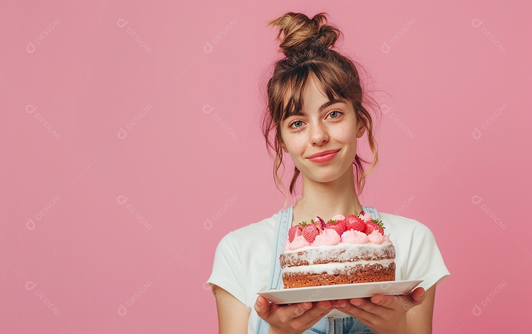 Menina com bolo mostrando sobremesa em fundo de cor sólida