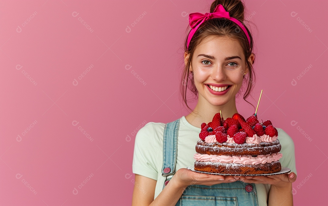 Menina com bolo mostrando sobremesa em fundo de cor sólida