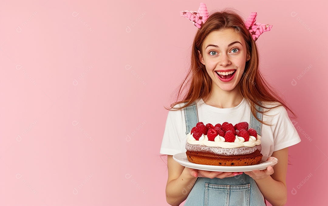 Menina com bolo mostrando sobremesa em fundo de cor sólida
