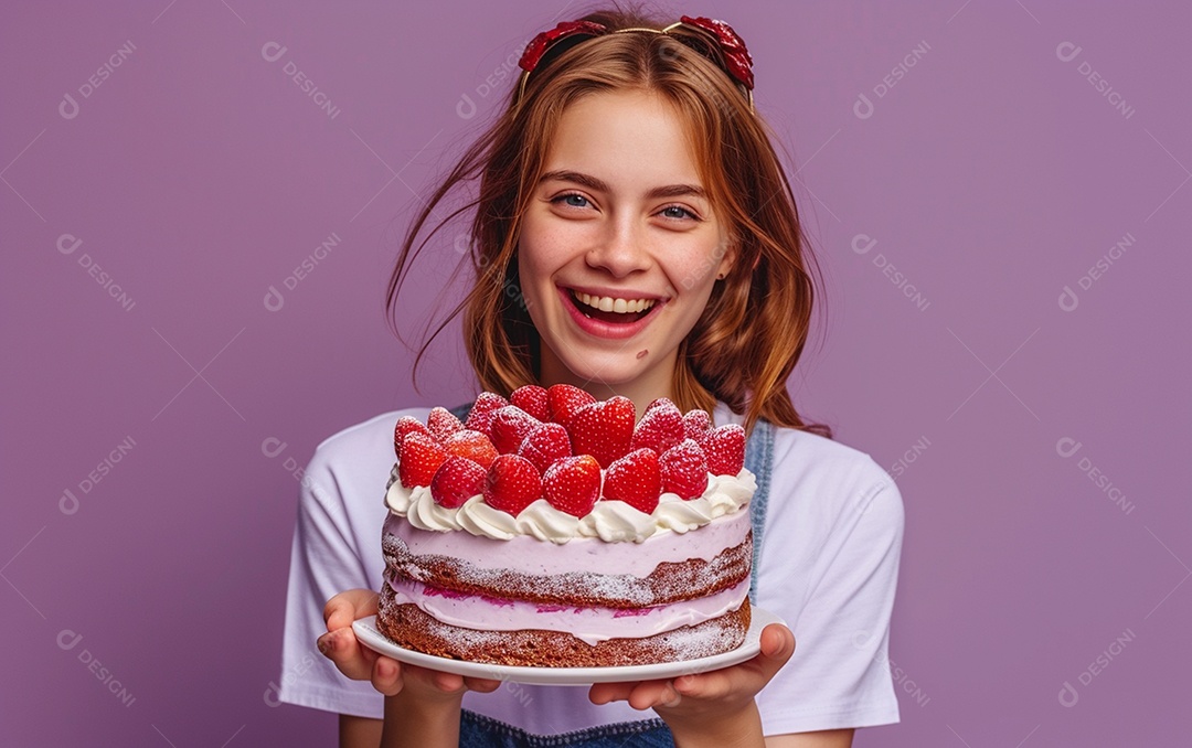 Menina com bolo mostrando sobremesa em fundo de cor sólida