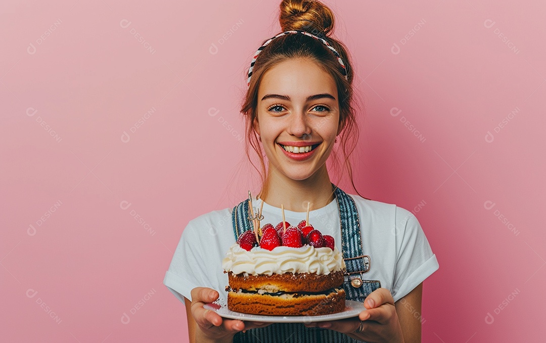 Menina com bolo mostrando sobremesa em fundo de cor sólida