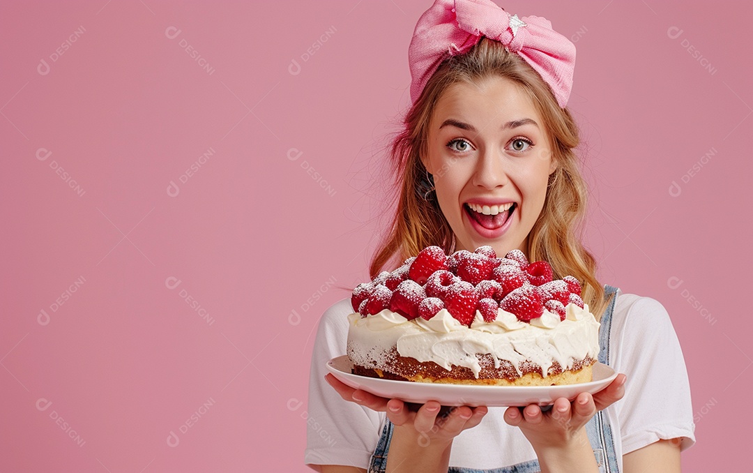 Menina com bolo mostrando sobremesa em fundo de cor sólida