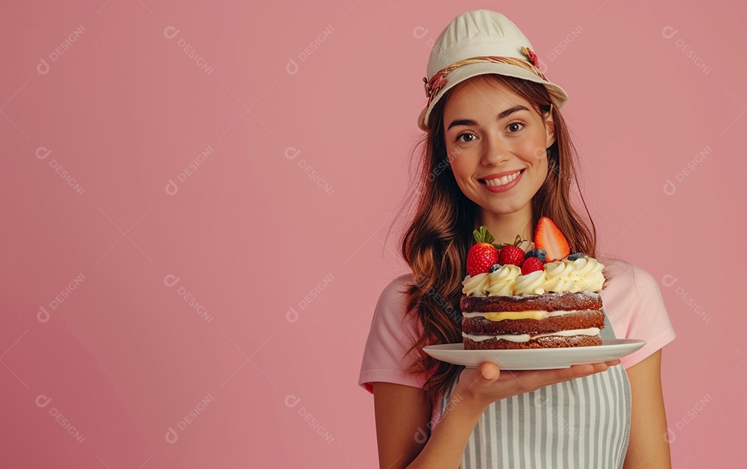 Menina com bolo mostrando sobremesa em fundo de cor sólida