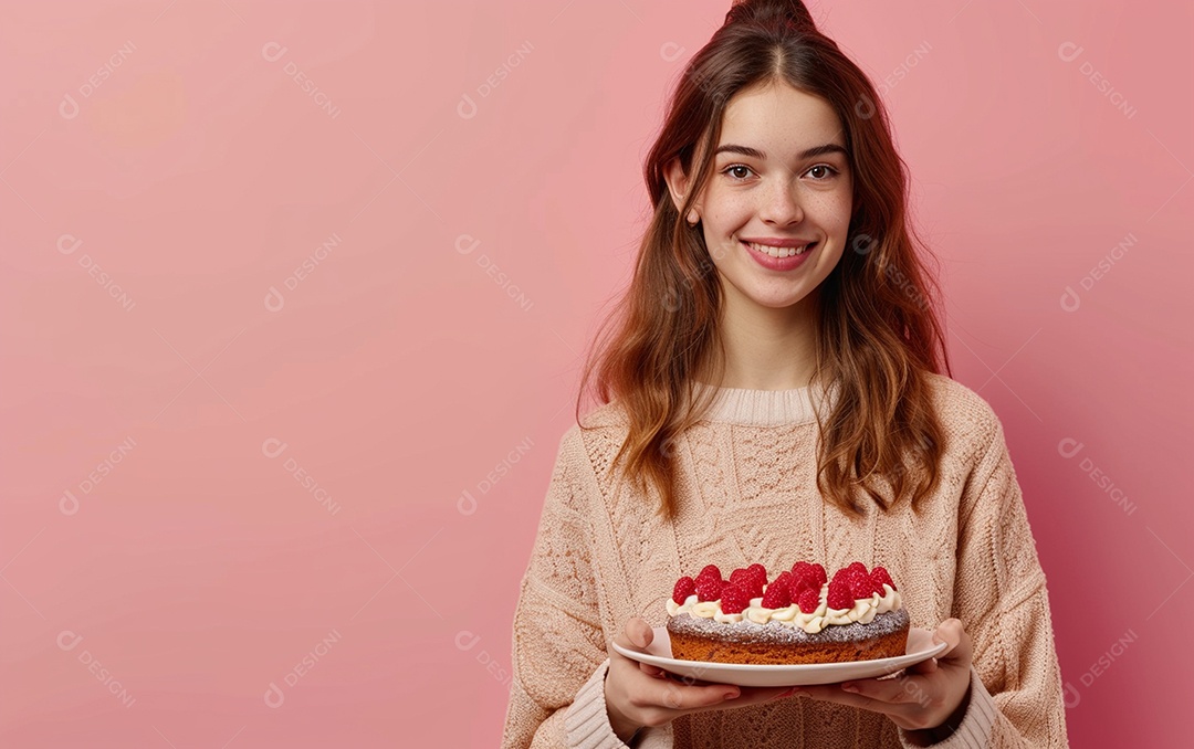 Menina com bolo mostrando sobremesa em fundo de cor sólida