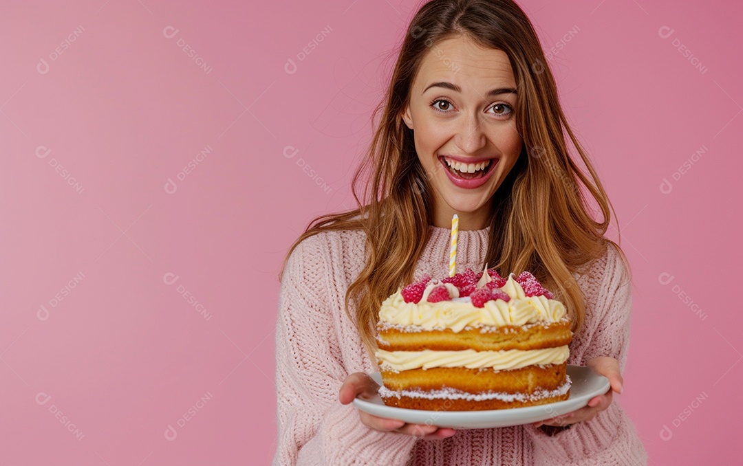 Menina com bolo mostrando sobremesa em fundo de cor sólida