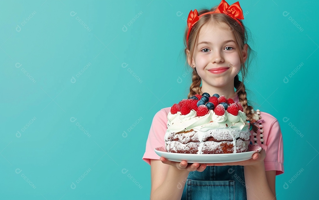 Menina com bolo mostrando sobremesa em fundo de cor sólida