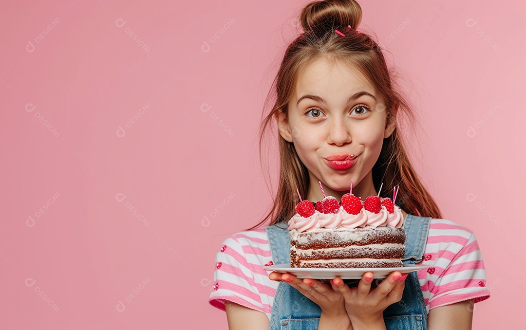 Menina com bolo mostrando sobremesa em fundo de cor sólida