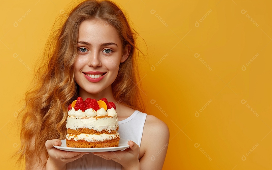 Menina com bolo mostrando sobremesa em fundo de cor sólida