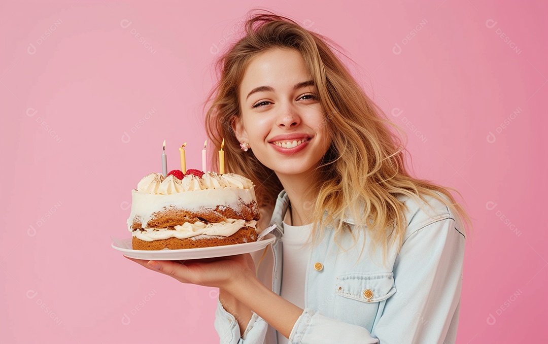 Menina com bolo mostrando sobremesa em fundo de cor sólida