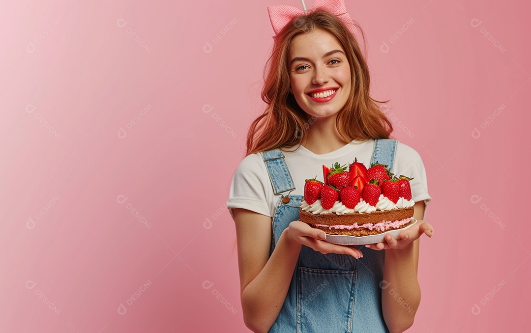 Menina com bolo mostrando sobremesa em fundo de cor sólida