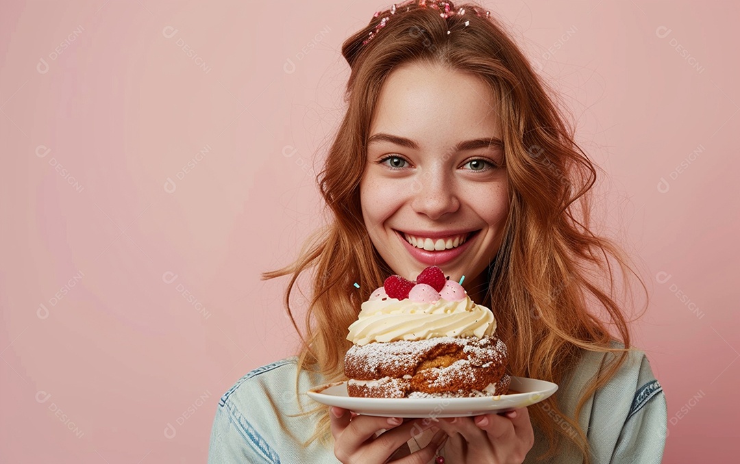 Menina com bolo mostrando sobremesa em fundo de cor sólida