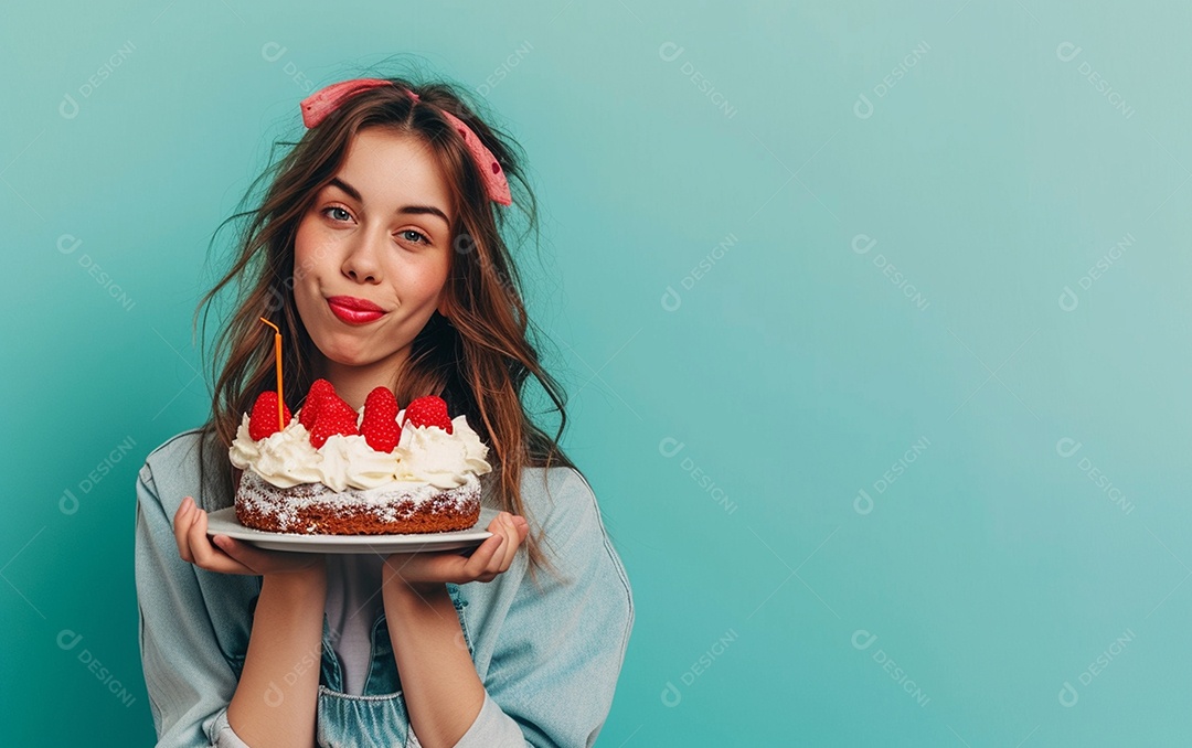Menina com bolo mostrando sobremesa em fundo de cor sólida