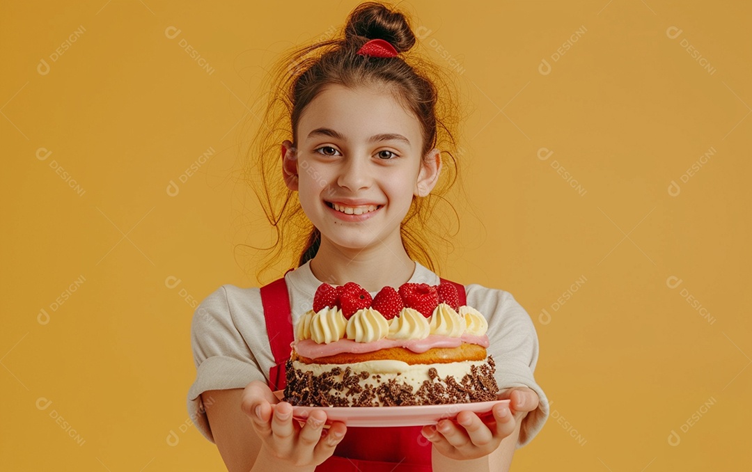 Menina com bolo mostrando sobremesa em fundo de cor sólida