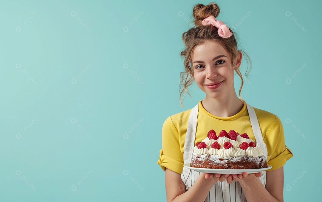 Menina com bolo mostrando sobremesa em fundo de cor sólida