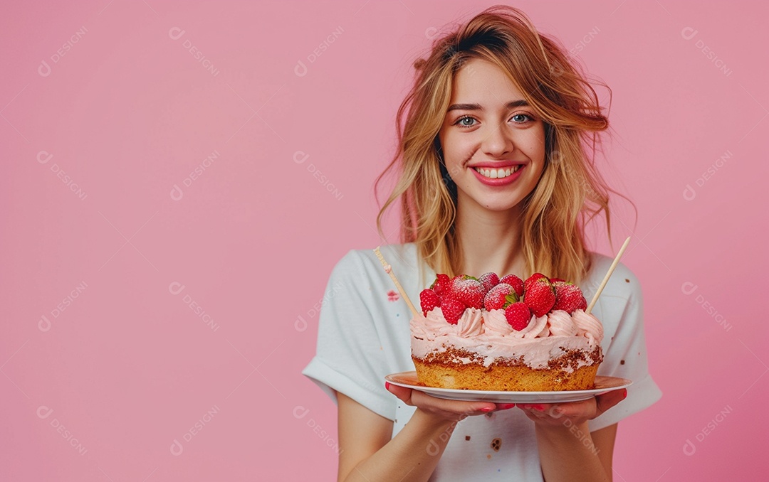 Menina com bolo mostrando sobremesa em fundo de cor sólida