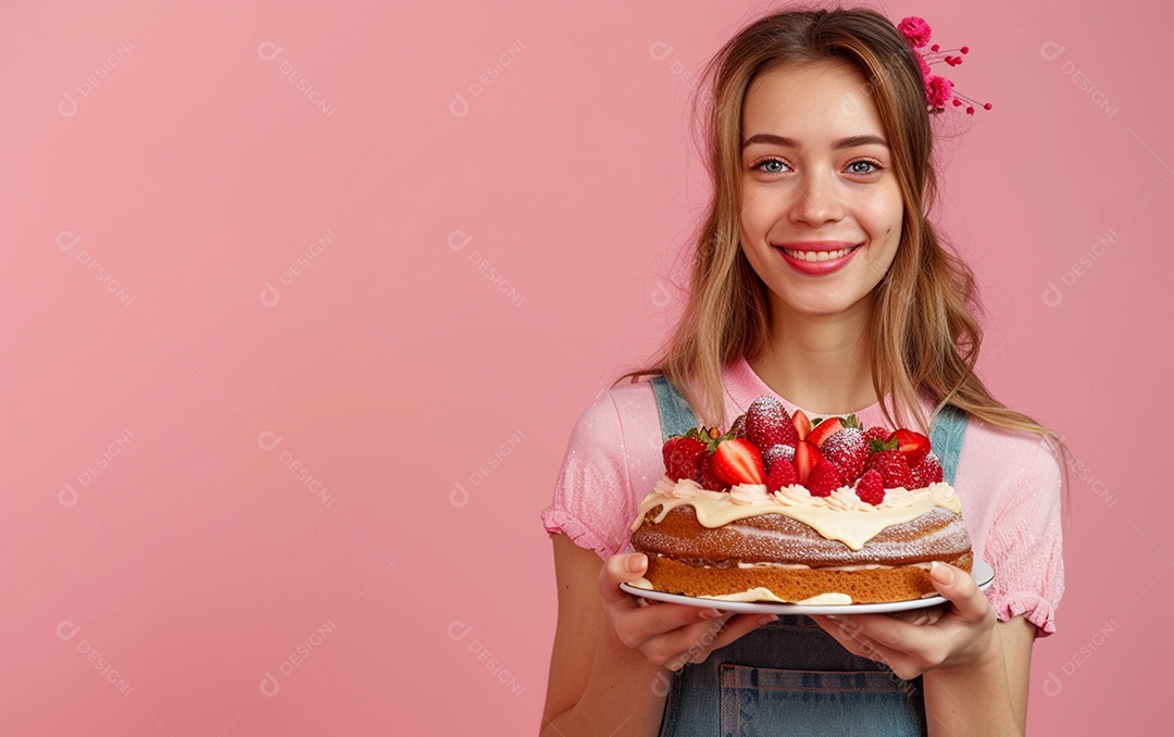 Menina com bolo mostrando sobremesa em fundo de cor sólida