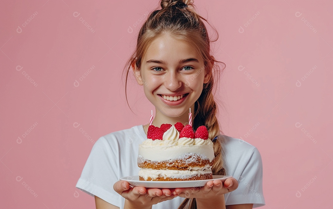 Menina com bolo mostrando sobremesa em fundo de cor sólida