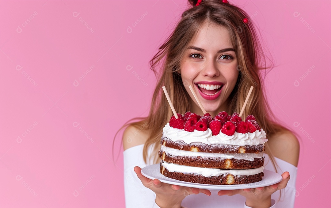 Menina com bolo mostrando sobremesa em fundo de cor sólida