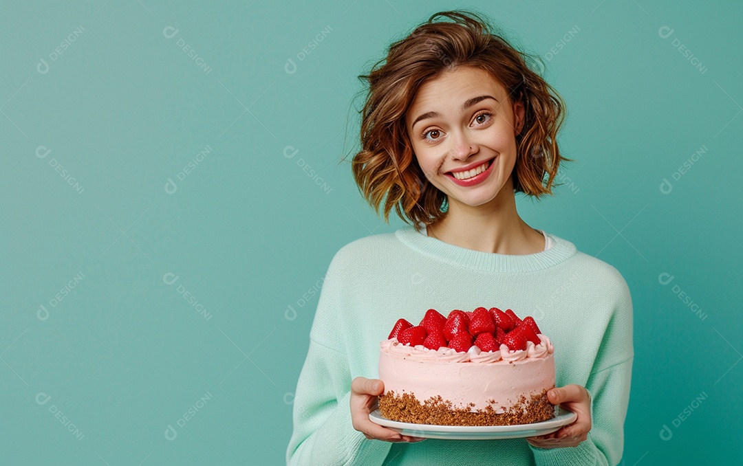 Menina com bolo mostrando sobremesa em fundo de cor sólida67