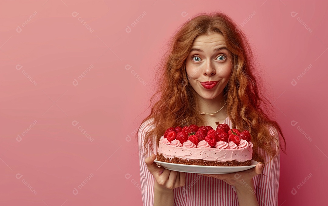 Menina com bolo mostrando sobremesa em fundo de cor sólida