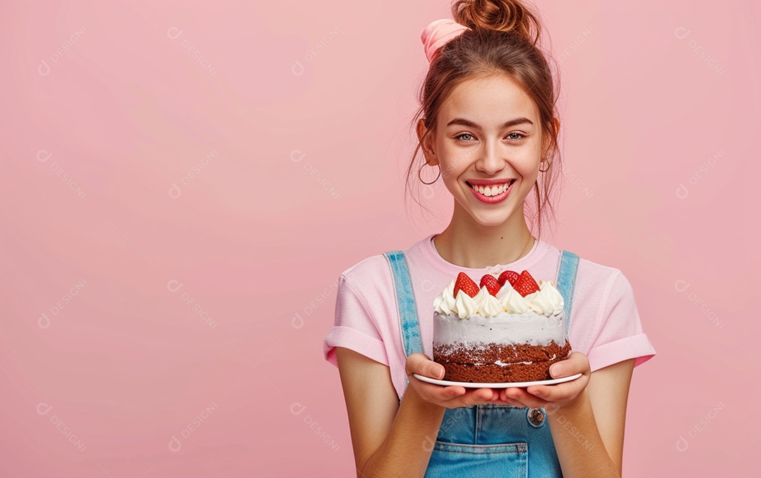 Menina com bolo mostrando sobremesa em fundo de cor sólida