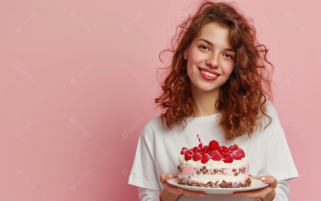 Menina com bolo mostrando sobremesa em fundo de cor sólida