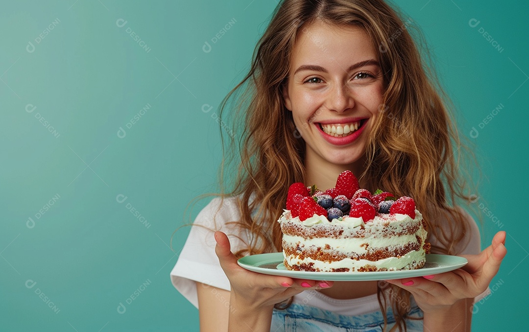 Menina com bolo mostrando sobremesa em fundo de cor sólida