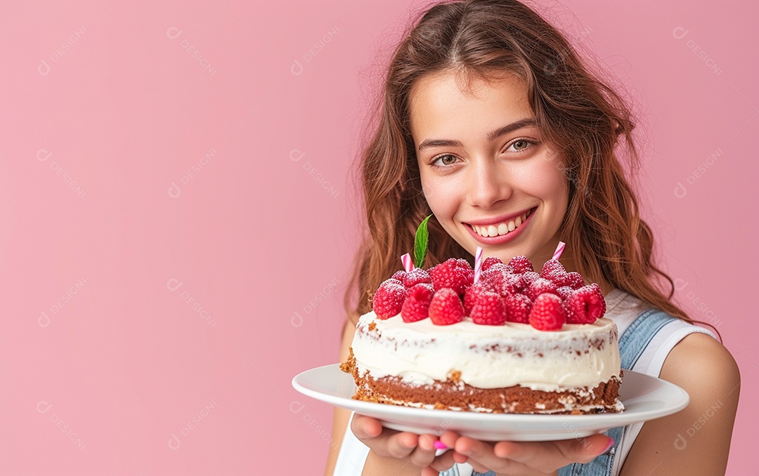 Menina com bolo mostrando sobremesa em fundo de cor sólida