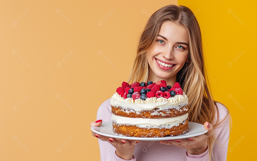 Menina com bolo mostrando sobremesa em fundo de cor sólida